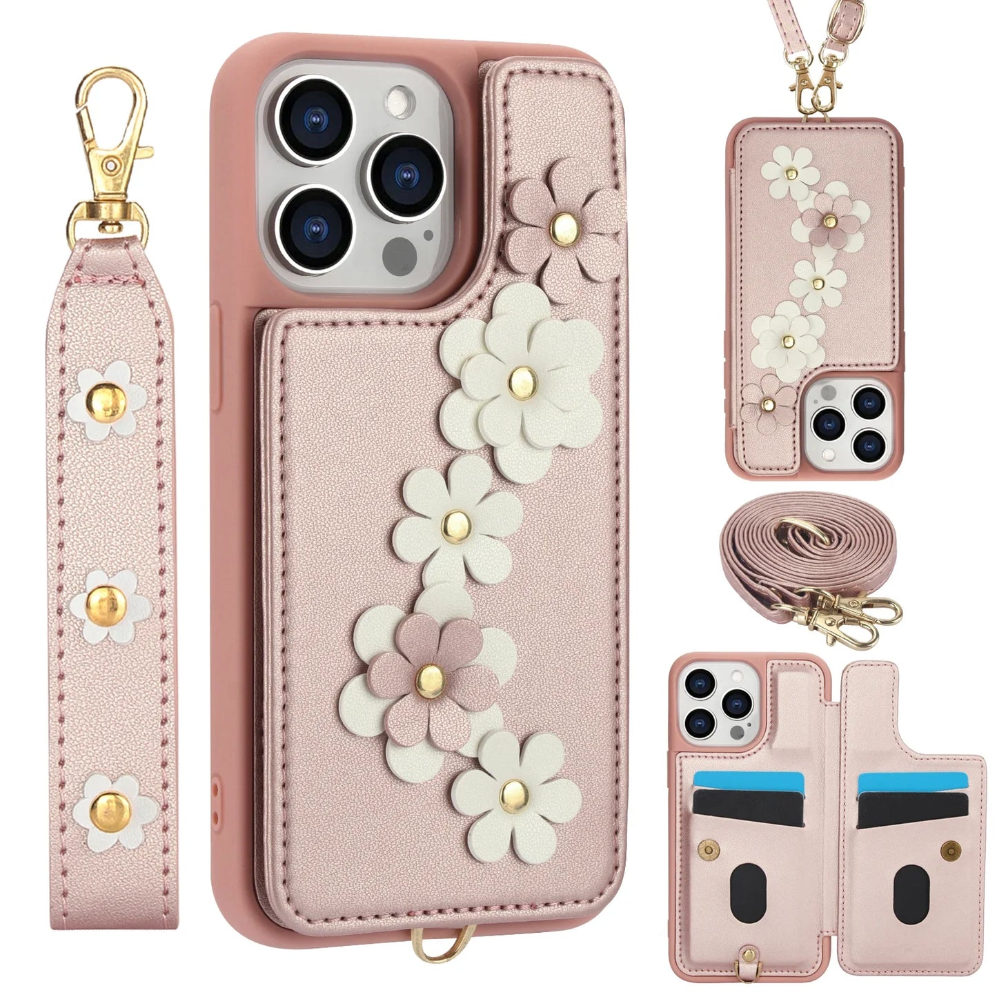 3D Flowers Crossbody iPhone Wallet Case