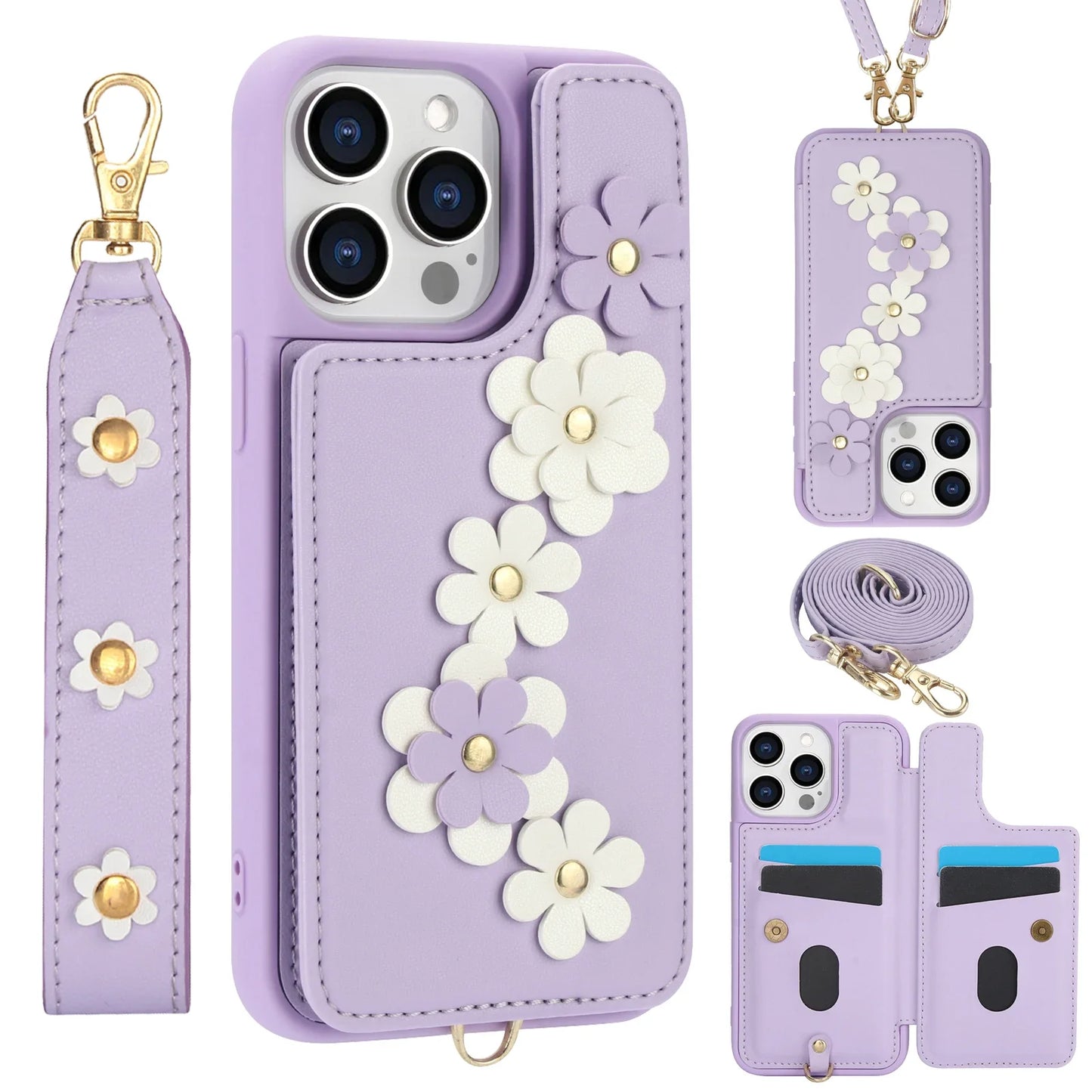 3D Flowers Crossbody iPhone Wallet Case