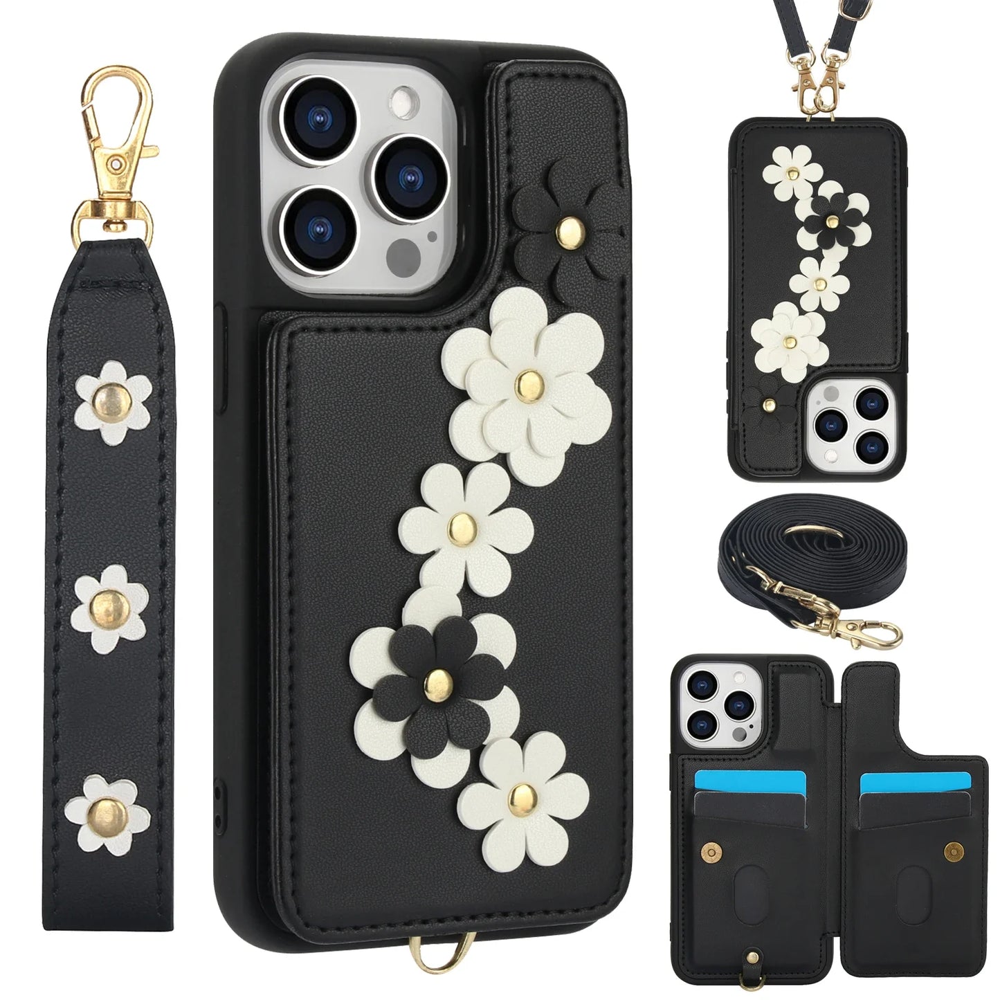 3D Flowers Crossbody iPhone Wallet Case